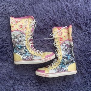 Vintage Ed Hardy canary yellow koi fish shin/high converse wonen’s size 7